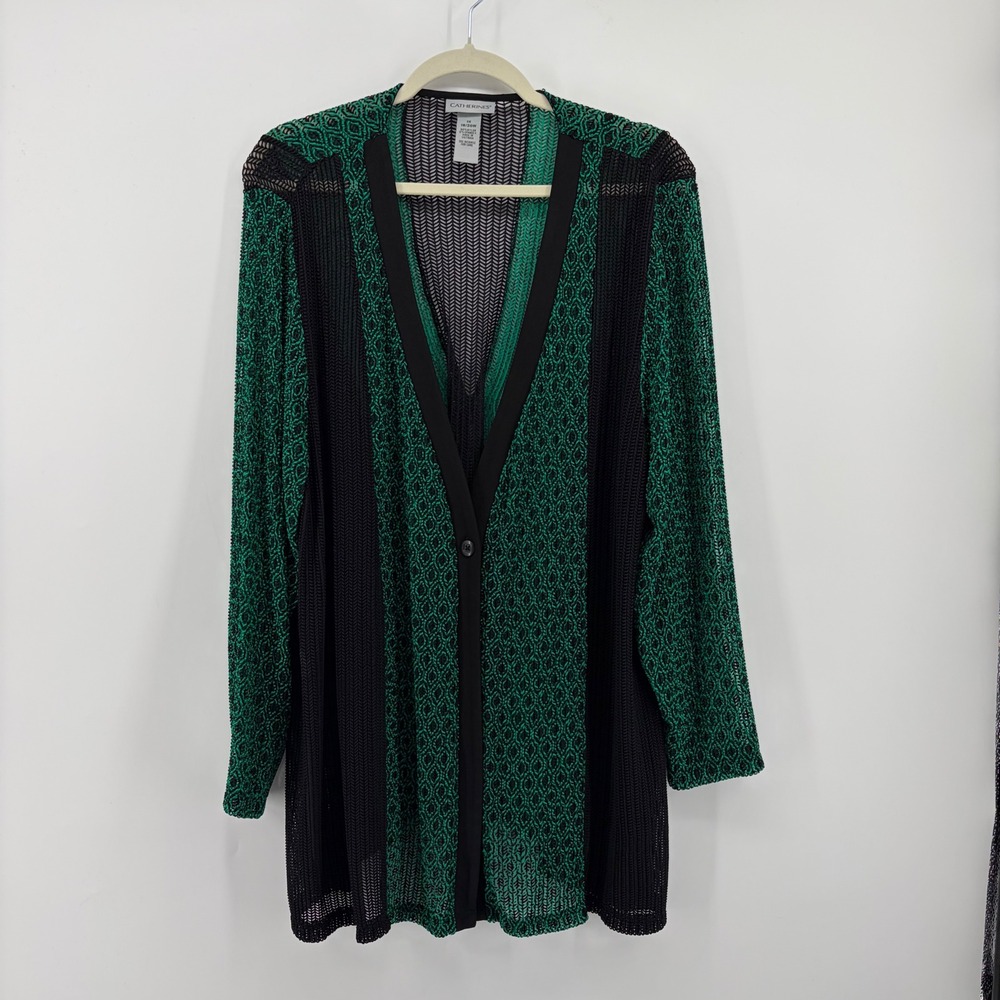 Catherines Cardigan Green Black Womens 1X 18/20W Geometric Knit Longline Button